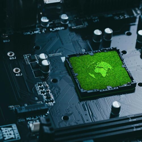 motherboard circuits with earth-like render on the CPU