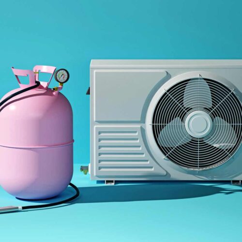 pink tank for refilling freon next to the air conditioning system