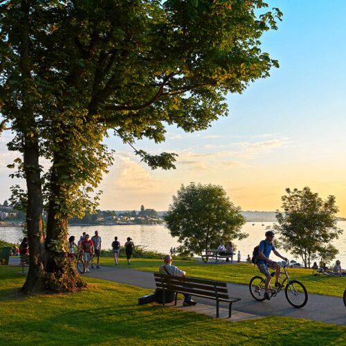pedestrians enjoying the park