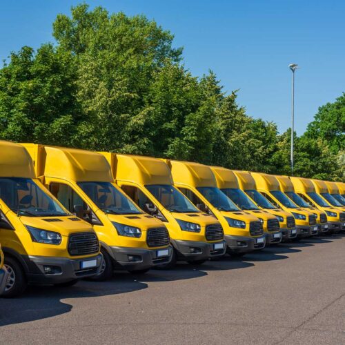 EV delivery trucks lined up